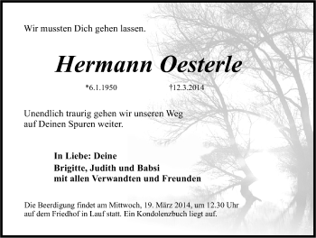 Traueranzeige von Hermann Oesterle von Pegnitz-Zeitung